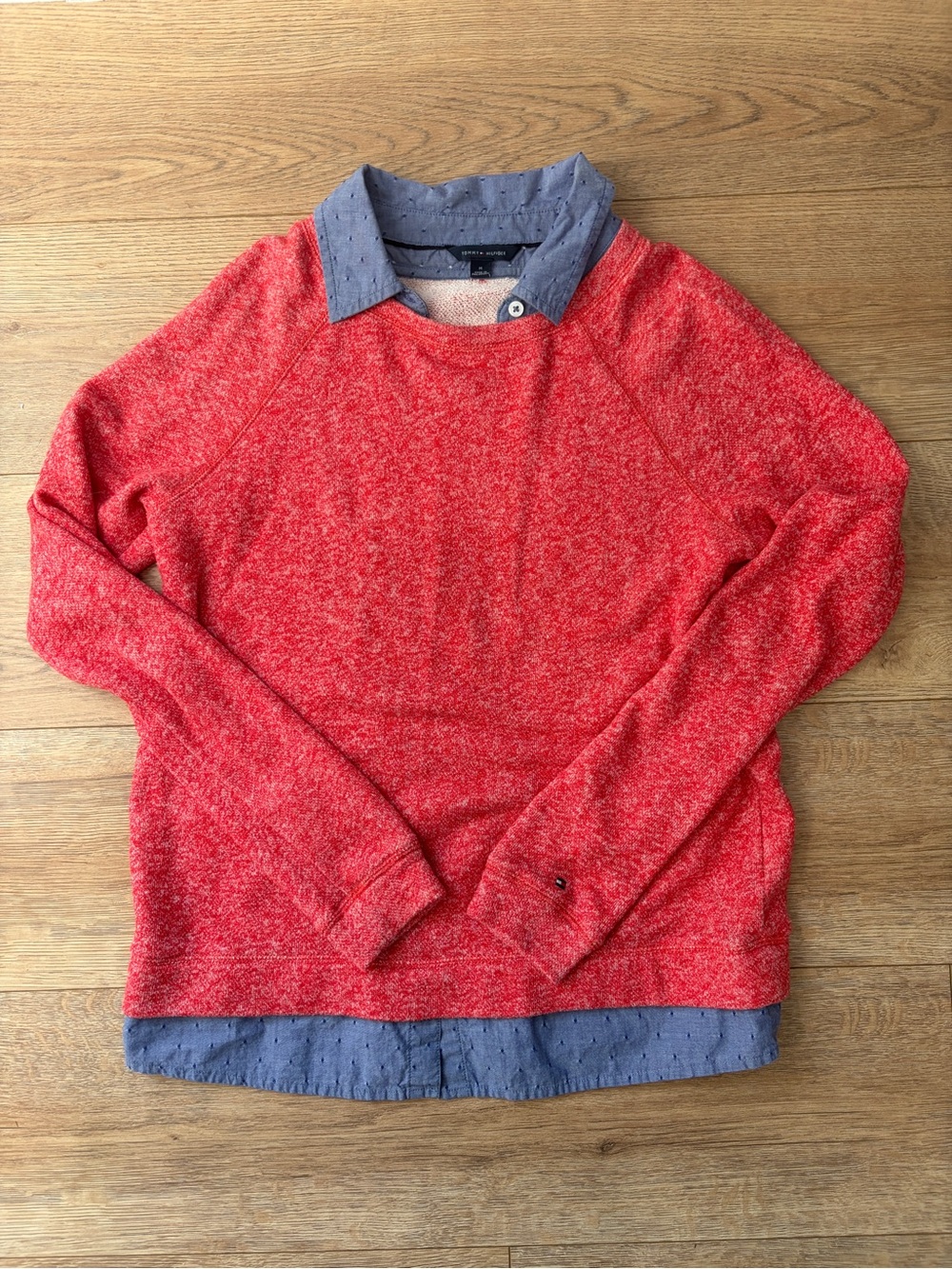 Tommy Hilfiger Red Marled Layered Sweatshirt Chambray Collar Shirt M